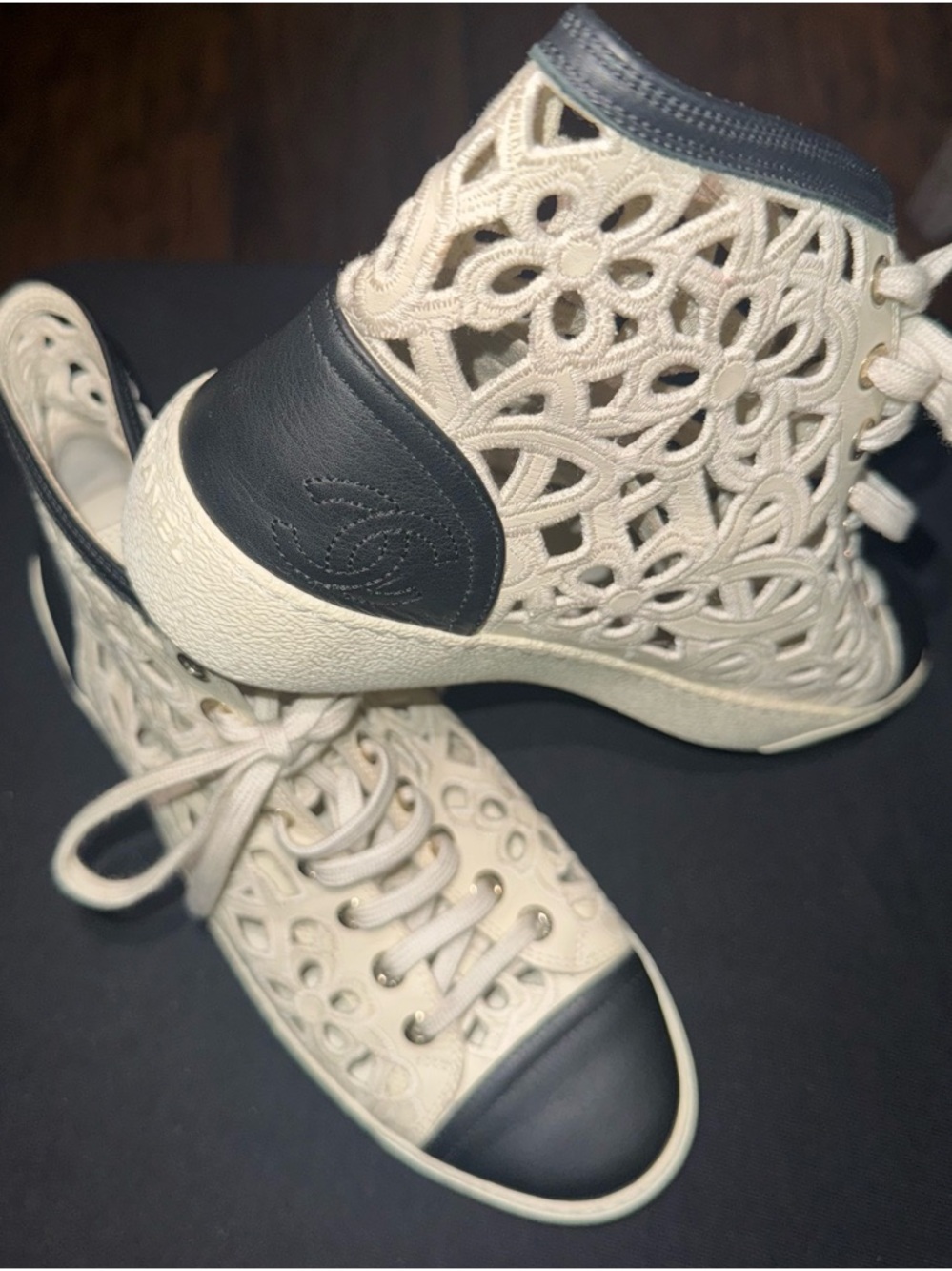 CHANEL Cream Cutout High-Top Sneakers with Black Toe Caps - Picture 4 of 4